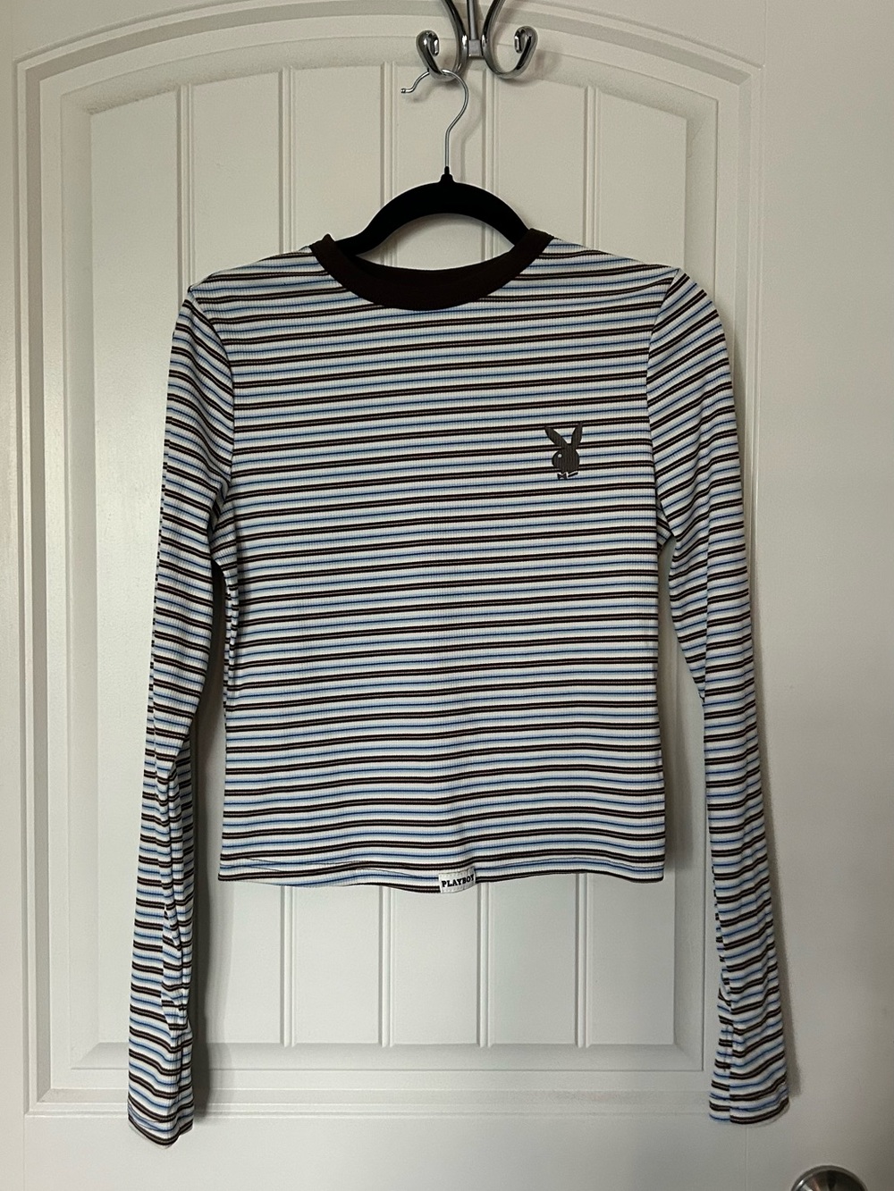 MissGuided Playboy Long-Sleeve Crewneck with Brown, Blue & White Stripes